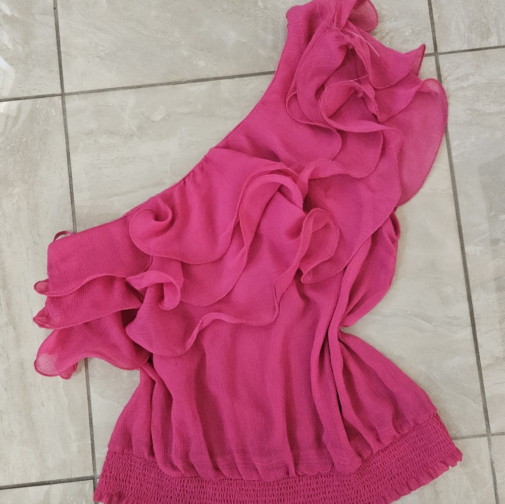 Pink Ruffled One-Shoulder Top Size L - Picture 6 of 14